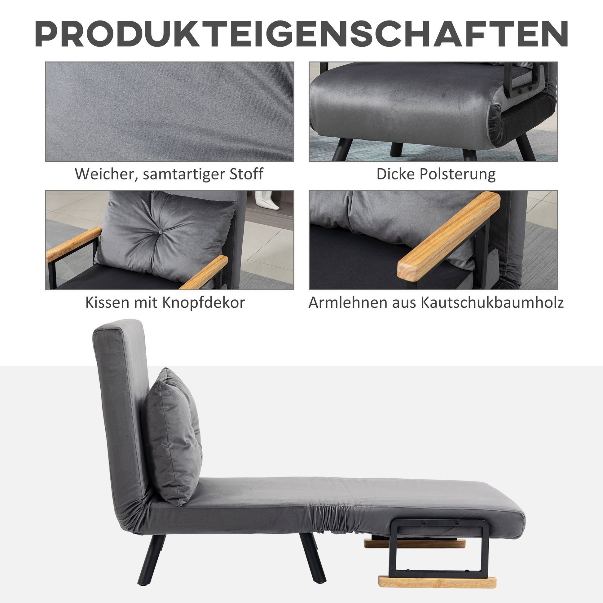 Sleeper Sofa, Folding Bed with Bed Function, Relax Chair with Back Pillow, Upholstered Sofa with Adjustable Backrest, Velvet Look, 63 x 73 x 81 cm, Dark Gray