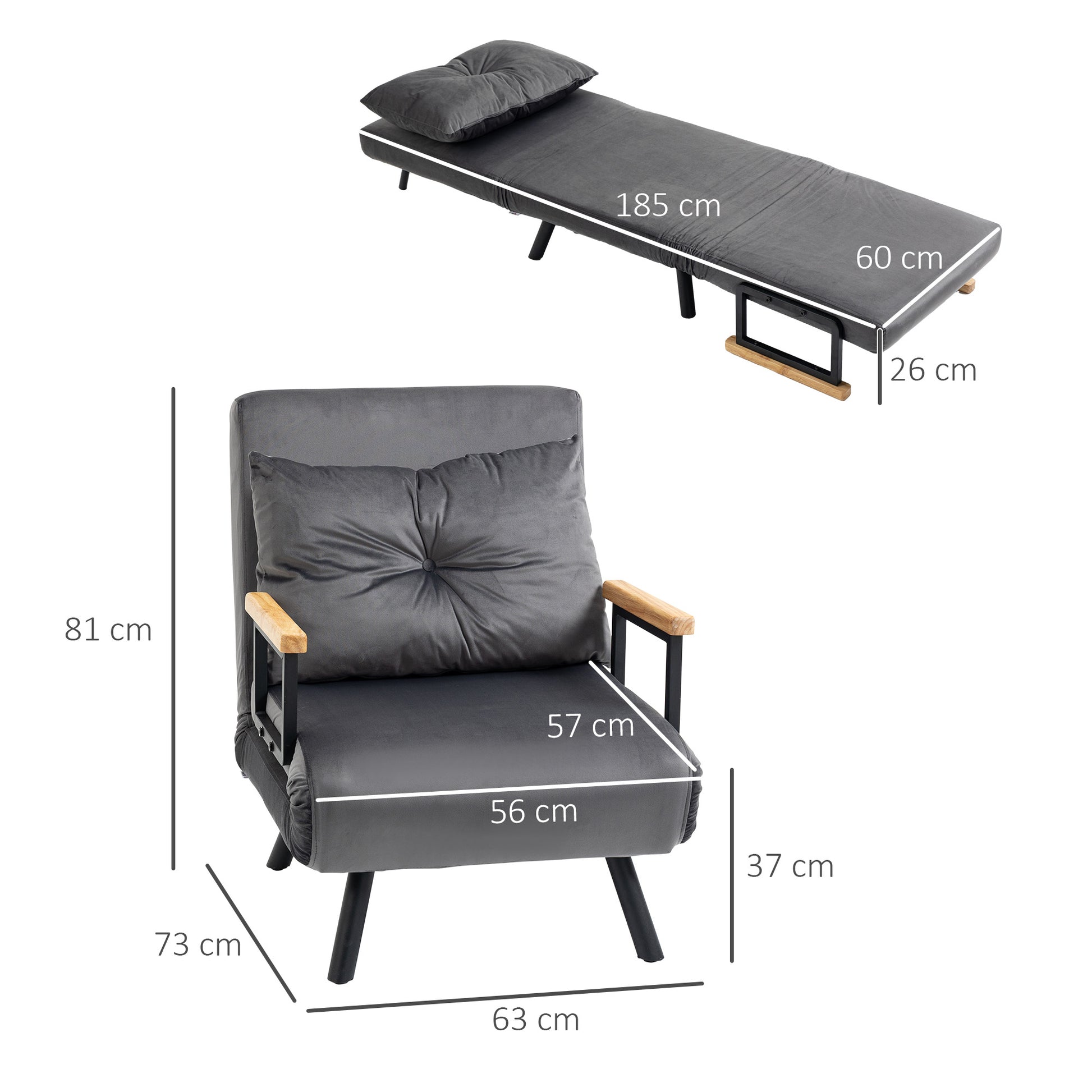 Sleeper Sofa, Folding Bed with Bed Function, Relax Chair with Back Pillow, Upholstered Sofa with Adjustable Backrest, Velvet Look, 63 x 73 x 81 cm, Dark Gray