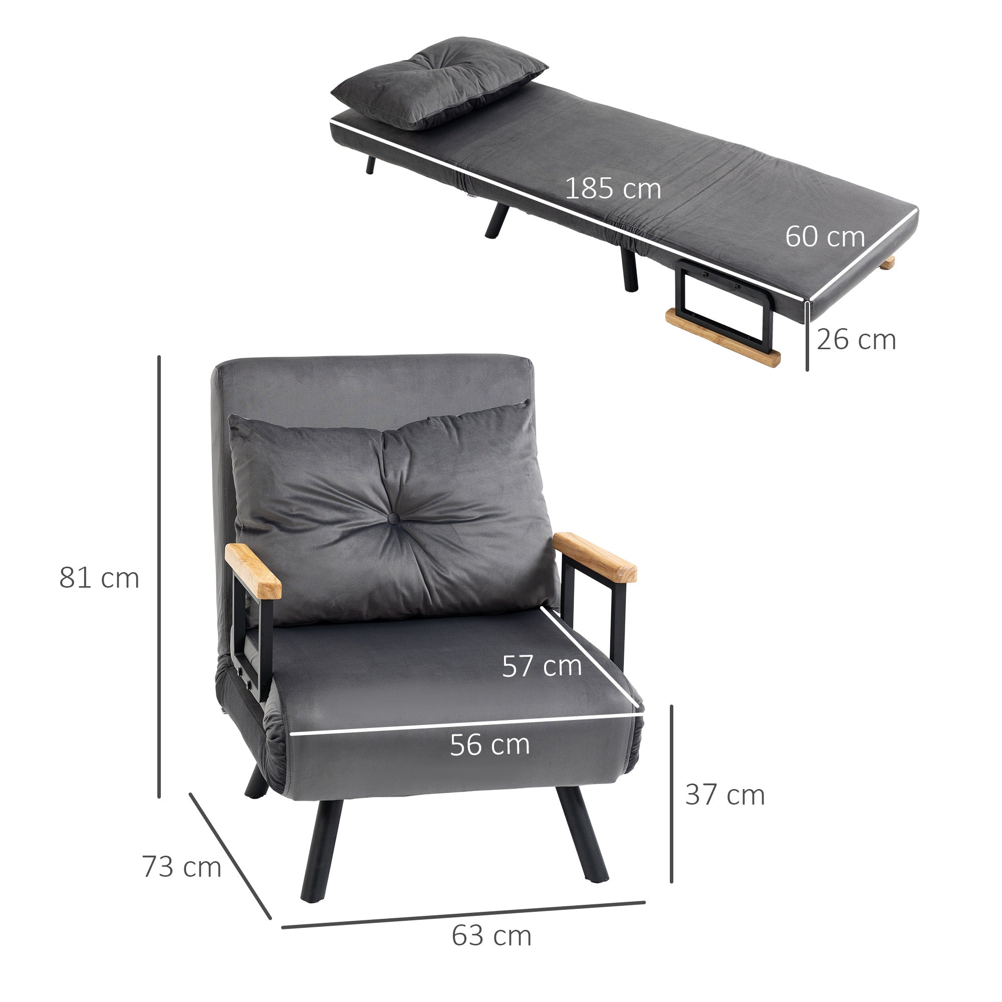 Sleeper Sofa, Folding Bed with Bed Function, Relax Chair with Back Pillow, Upholstered Sofa with Adjustable Backrest, Velvet Look, 63 x 73 x 81 cm, Dark Gray