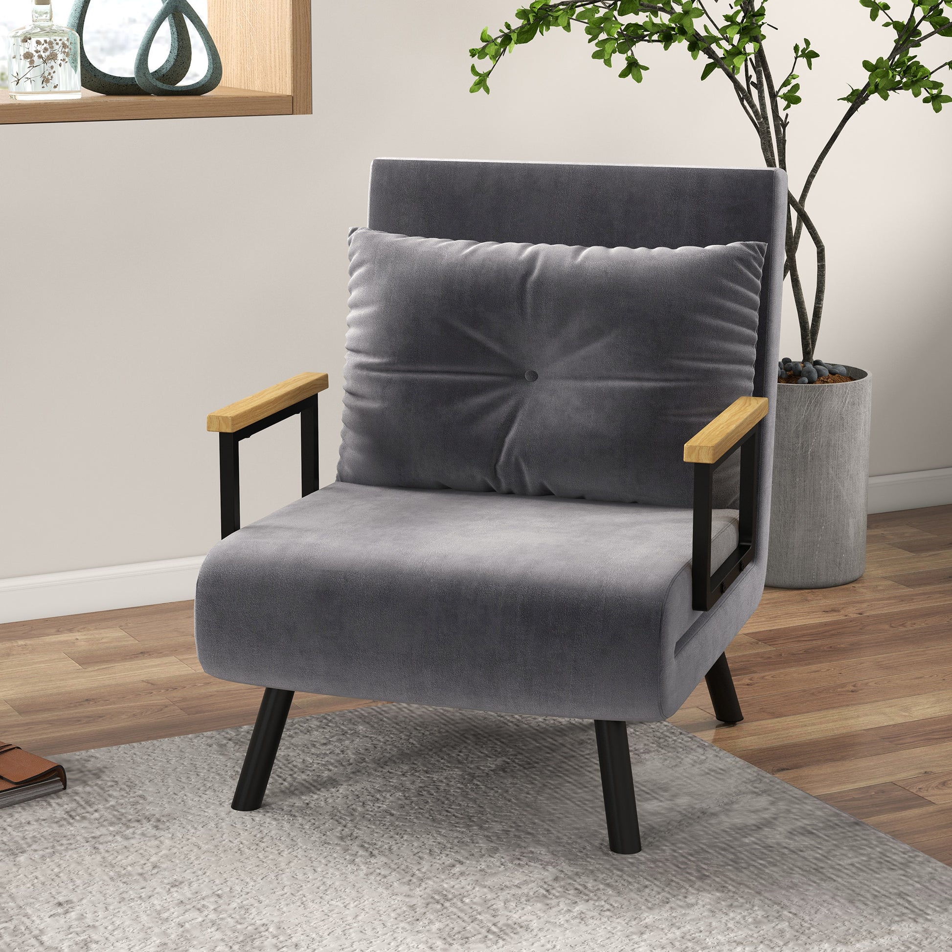 Sleeper Sofa, Folding Bed with Bed Function, Relax Chair with Back Pillow, Upholstered Sofa with Adjustable Backrest, Velvet Look, 63 x 73 x 81 cm, Dark Gray