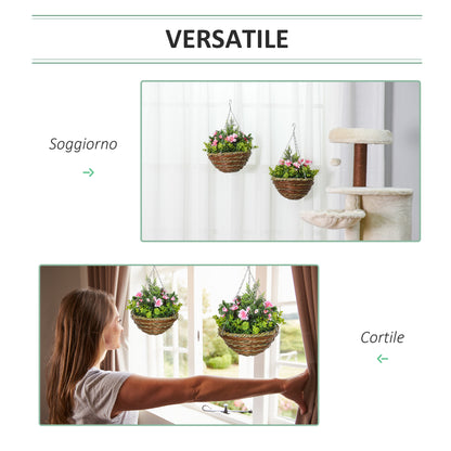 Set of 2 Artificial Lisianthus Plants with Pot and Hook, Artificial Plants in PE and Wicker, Ø25x34 cm, Green and Pink