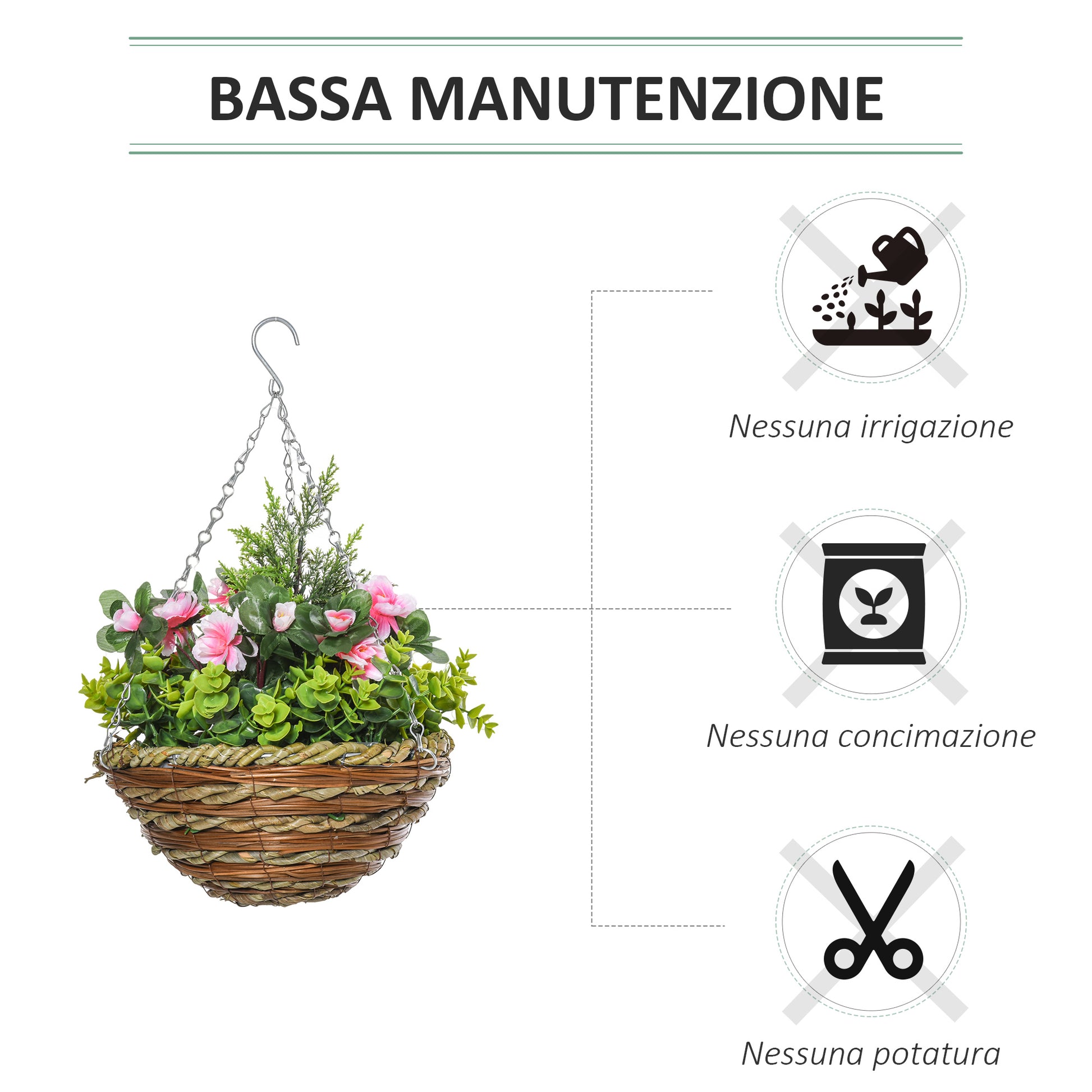 Set of 2 Artificial Lisianthus Plants with Pot and Hook, Artificial Plants in PE and Wicker, Ø25x34 cm, Green and Pink