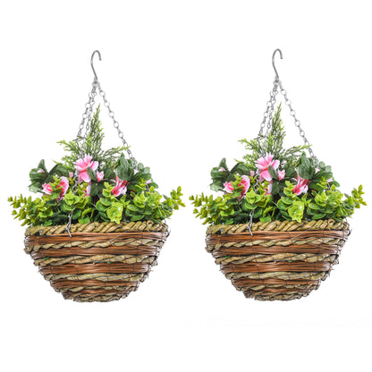 Set of 2 Artificial Lisianthus Plants with Pot and Hook, Artificial Plants in PE and Wicker, Ø25x34 cm, Green and Pink