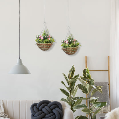 Set of 2 Artificial Lisianthus Plants with Pot and Hook, Artificial Plants in PE and Wicker, Ø25x34 cm, Green and Pink