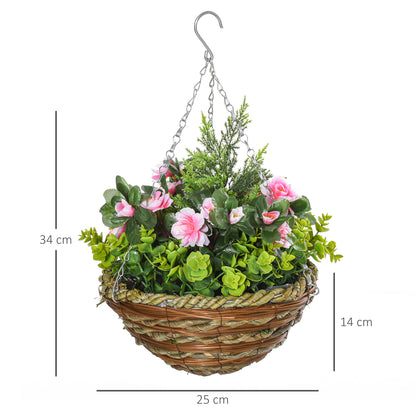 Set of 2 Artificial Lisianthus Plants with Pot and Hook, Artificial Plants in PE and Wicker, Ø25x34 cm, Green and Pink