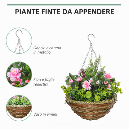 Set of 2 Artificial Lisianthus Plants with Pot and Hook, Artificial Plants in PE and Wicker, Ø25x34 cm, Green and Pink