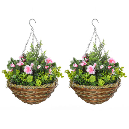 Set of 2 Artificial Lisianthus Plants with Pot and Hook, Artificial Plants in PE and Wicker, Ø25x34 cm, Green and Pink