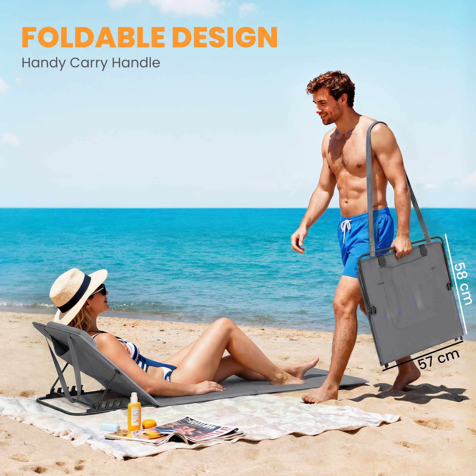 2-Pack Folding Beach Loungers with Adjustable Backrest, Pillow & Carry Bag – Dark Gray