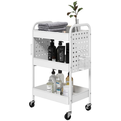 Trolley Cart, Utility Cart with 3 Tiers, 2 Hanging Baskets, Storage Cart with Handle, Kitchen Cart, Serving Cart for Kitchen, Living Room, Steel, White