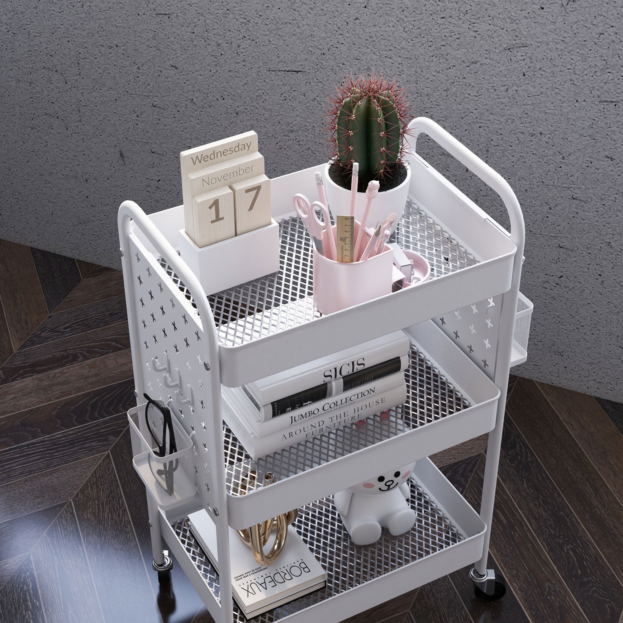 Trolley Cart, Utility Cart with 3 Tiers, 2 Hanging Baskets, Storage Cart with Handle, Kitchen Cart, Serving Cart for Kitchen, Living Room, Steel, White
