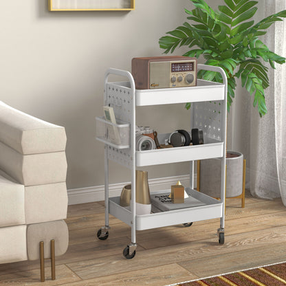 Trolley Cart, Utility Cart with 3 Tiers, 2 Hanging Baskets, Storage Cart with Handle, Kitchen Cart, Serving Cart for Kitchen, Living Room, Steel, White