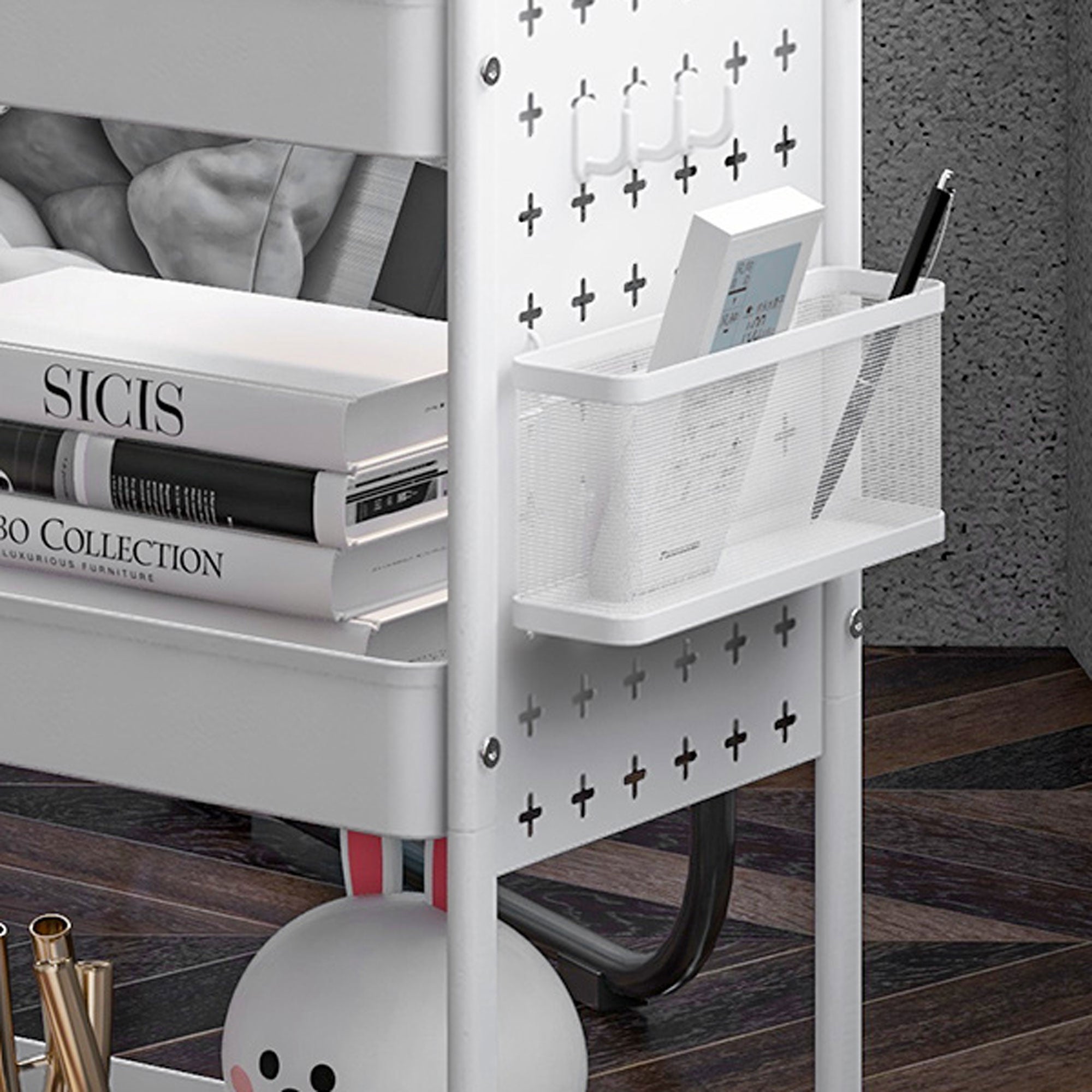 Trolley Cart, Utility Cart with 3 Tiers, 2 Hanging Baskets, Storage Cart with Handle, Kitchen Cart, Serving Cart for Kitchen, Living Room, Steel, White