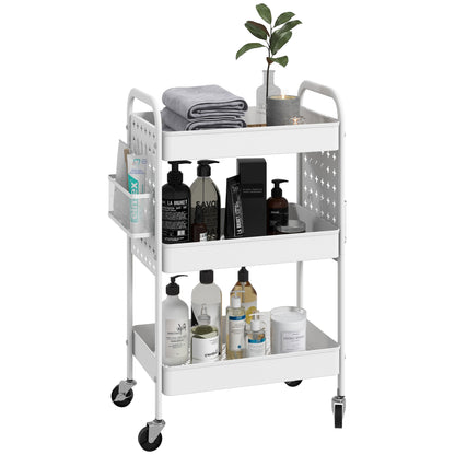 Trolley Cart, Utility Cart with 3 Tiers, 2 Hanging Baskets, Storage Cart with Handle, Kitchen Cart, Serving Cart for Kitchen, Living Room, Steel, White