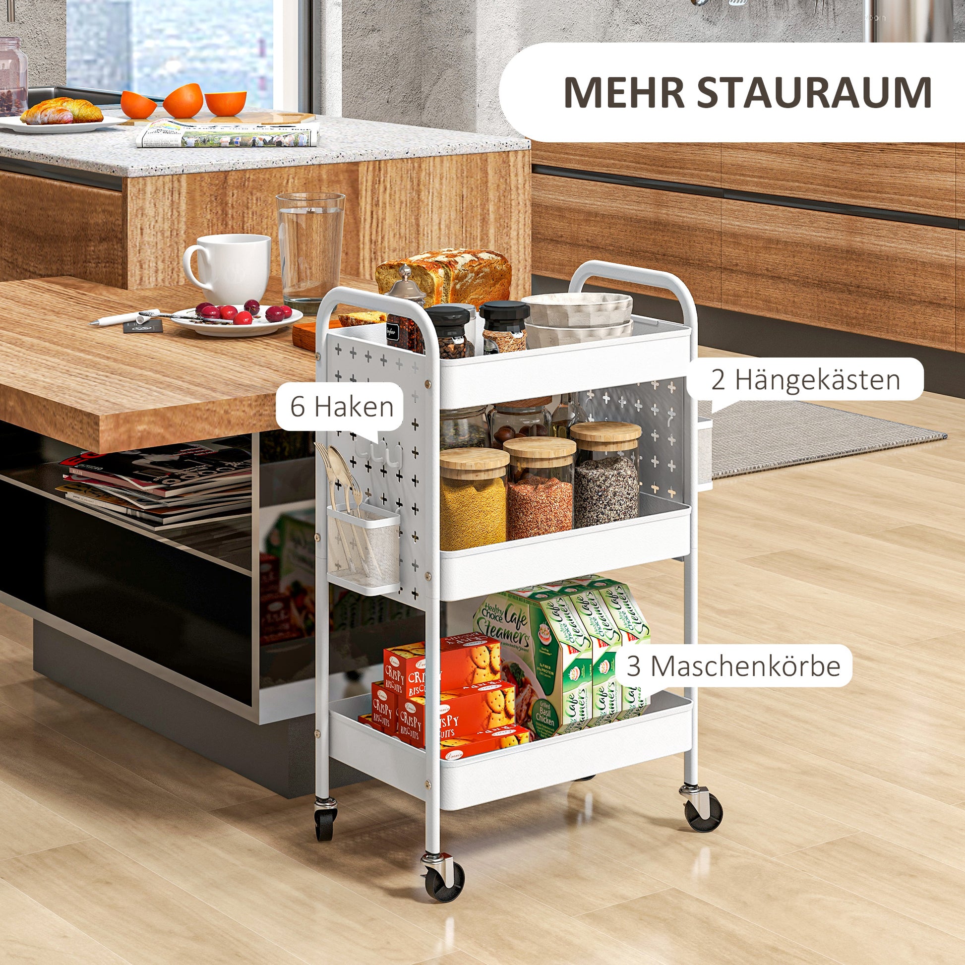 Trolley Cart, Utility Cart with 3 Tiers, 2 Hanging Baskets, Storage Cart with Handle, Kitchen Cart, Serving Cart for Kitchen, Living Room, Steel, White