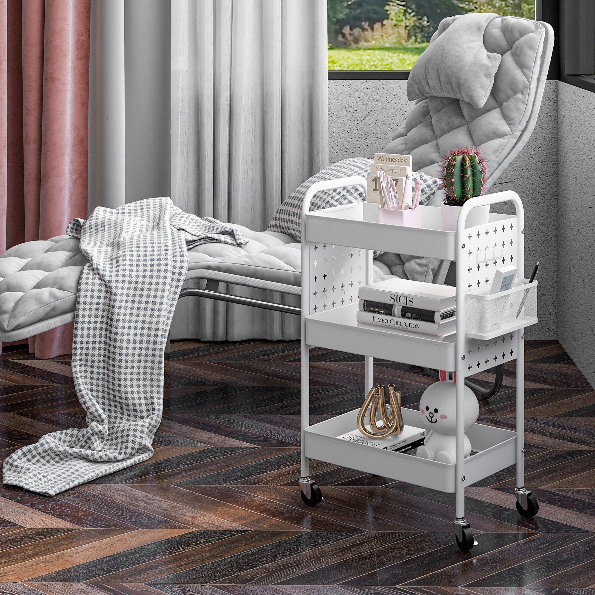 Trolley Cart, Utility Cart with 3 Tiers, 2 Hanging Baskets, Storage Cart with Handle, Kitchen Cart, Serving Cart for Kitchen, Living Room, Steel, White