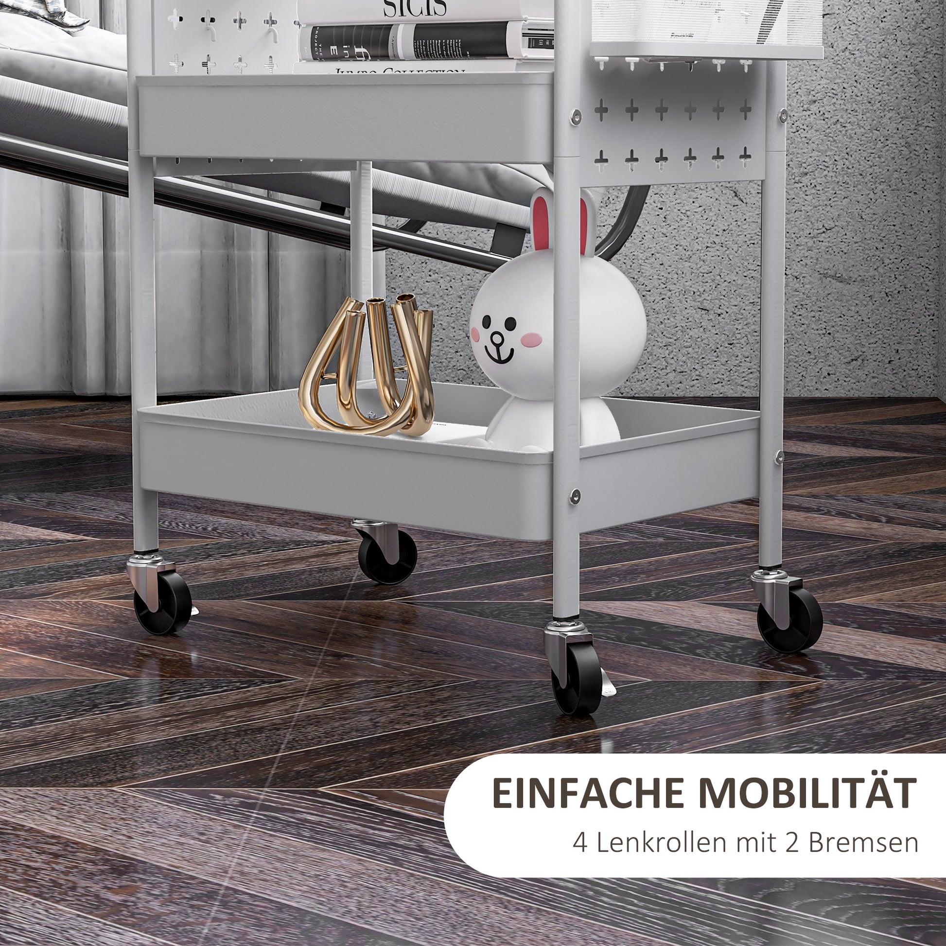 Trolley Cart, Utility Cart with 3 Tiers, 2 Hanging Baskets, Storage Cart with Handle, Kitchen Cart, Serving Cart for Kitchen, Living Room, Steel, White