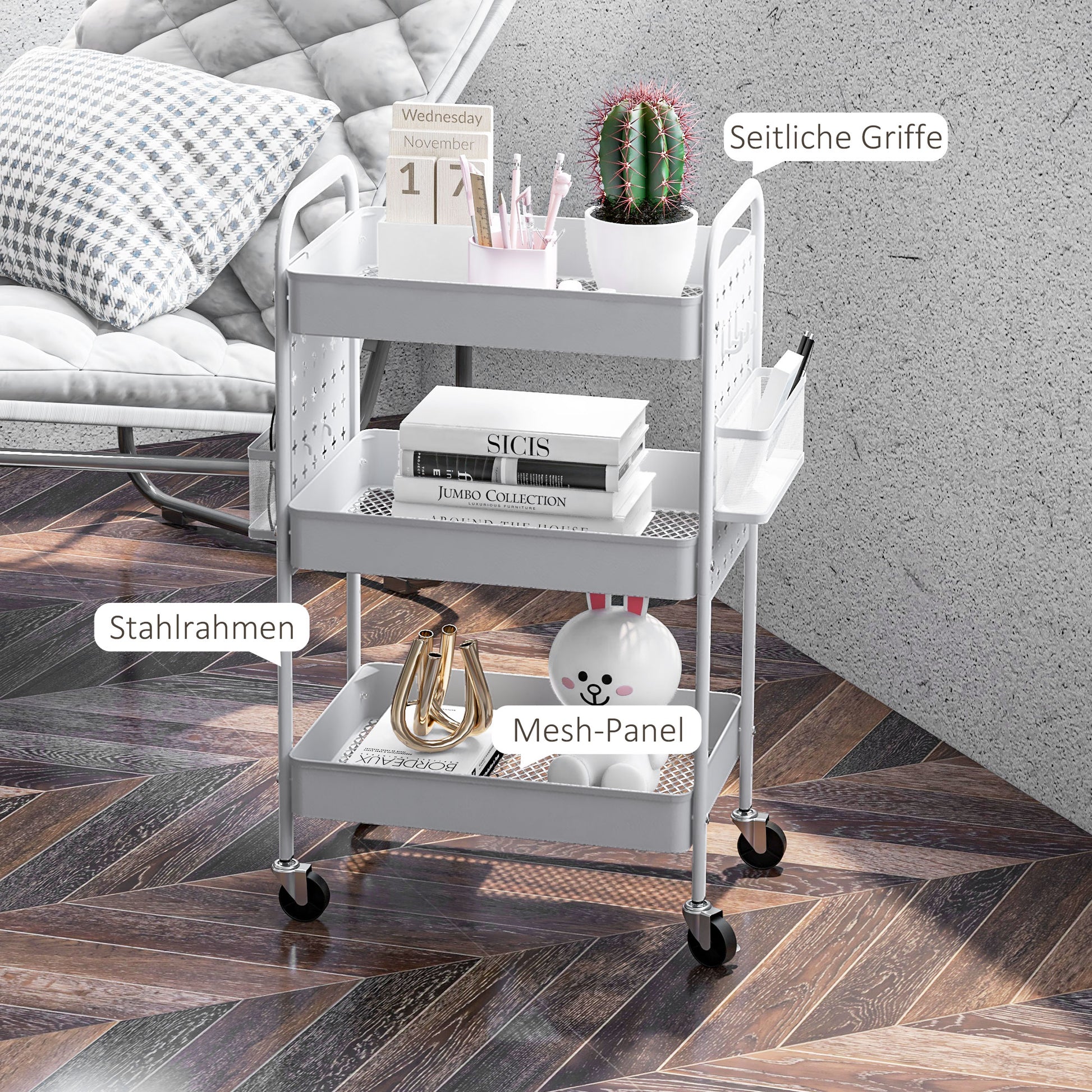 Trolley Cart, Utility Cart with 3 Tiers, 2 Hanging Baskets, Storage Cart with Handle, Kitchen Cart, Serving Cart for Kitchen, Living Room, Steel, White