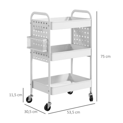 Trolley Cart, Utility Cart with 3 Tiers, 2 Hanging Baskets, Storage Cart with Handle, Kitchen Cart, Serving Cart for Kitchen, Living Room, Steel, White