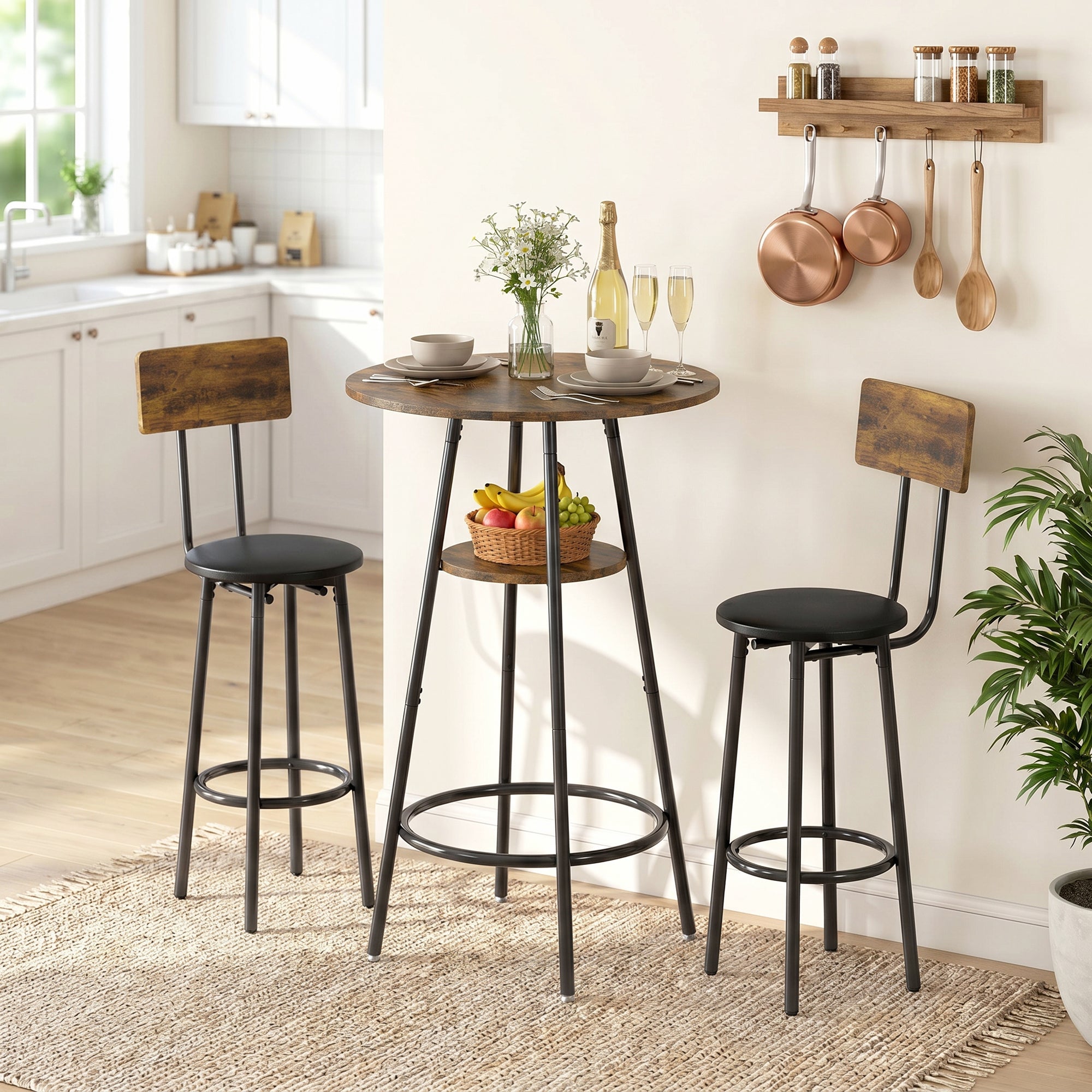 Bar Table with 2 Padded Bar Stools, Footrests, Metal Frame — Industrial Kitchen/Dining Set, Rustic Brown
