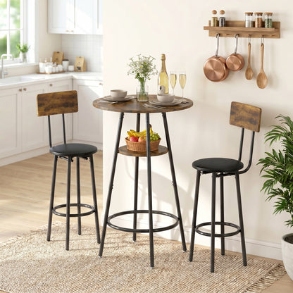 Bar Table with 2 Padded Bar Stools, Footrests, Metal Frame — Industrial Kitchen/Dining Set, Rustic Brown