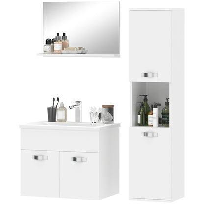 4-Piece Wall-Mounted Bathroom Vanity Set with Ceramic Basin, Tall Storage Cabinet & Mirror — Modern White