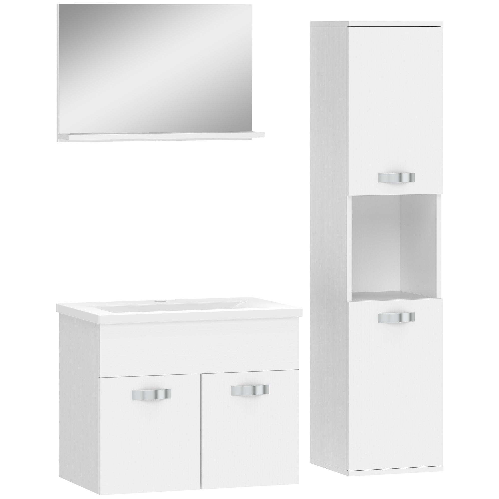 4-Piece Wall-Mounted Bathroom Vanity Set with Ceramic Basin, Tall Storage Cabinet & Mirror — Modern White