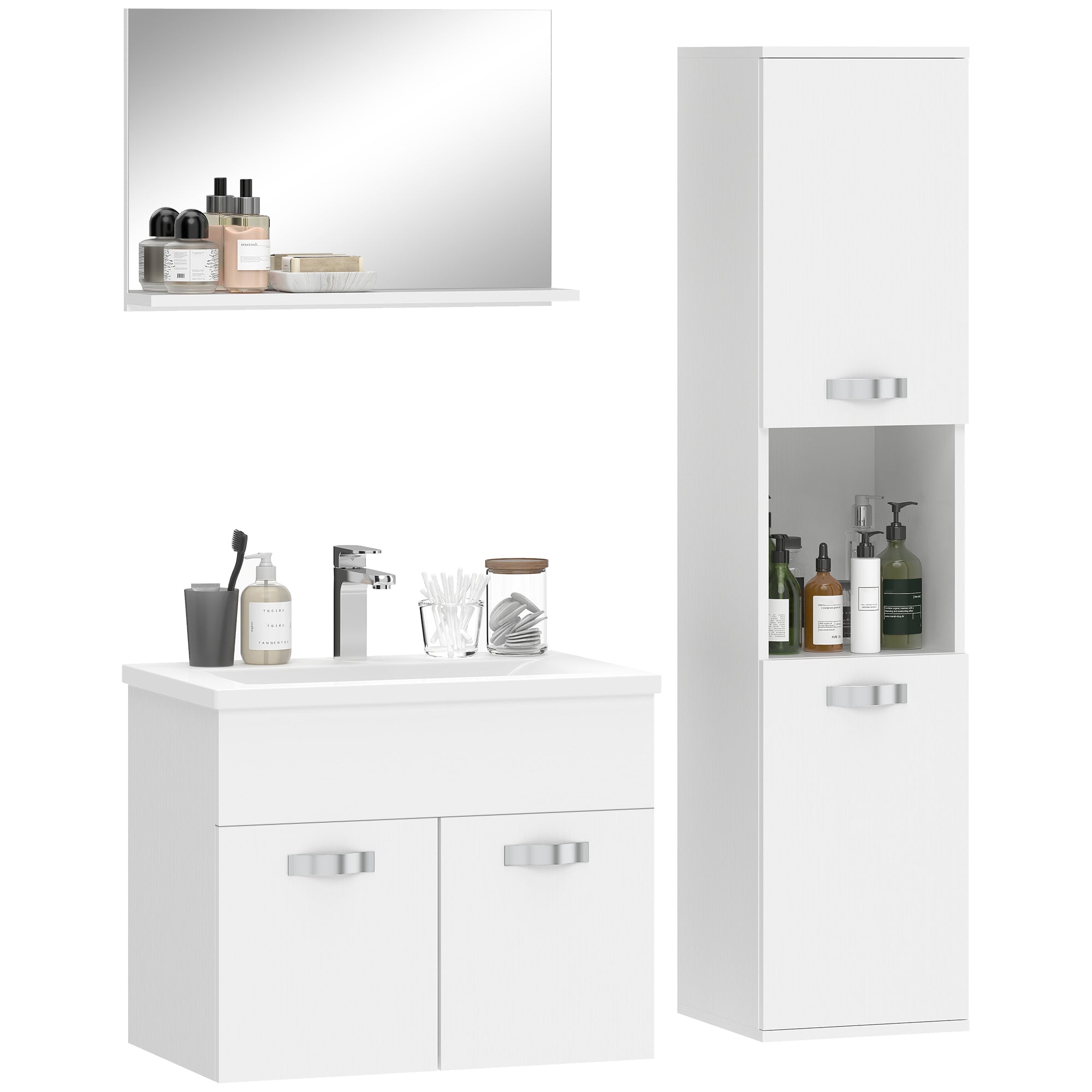 4-Piece Wall-Mounted Bathroom Vanity Set with Ceramic Basin, Tall Storage Cabinet & Mirror — Modern White