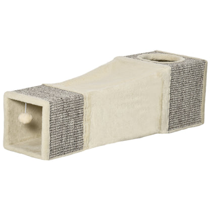 Cat Tunnel, Cat Toy with Play Ball, Cat Cave, Foldable Sisal Play Tunnel, Combined Design, Brown+Beige, 98 x 30 x 30 cm