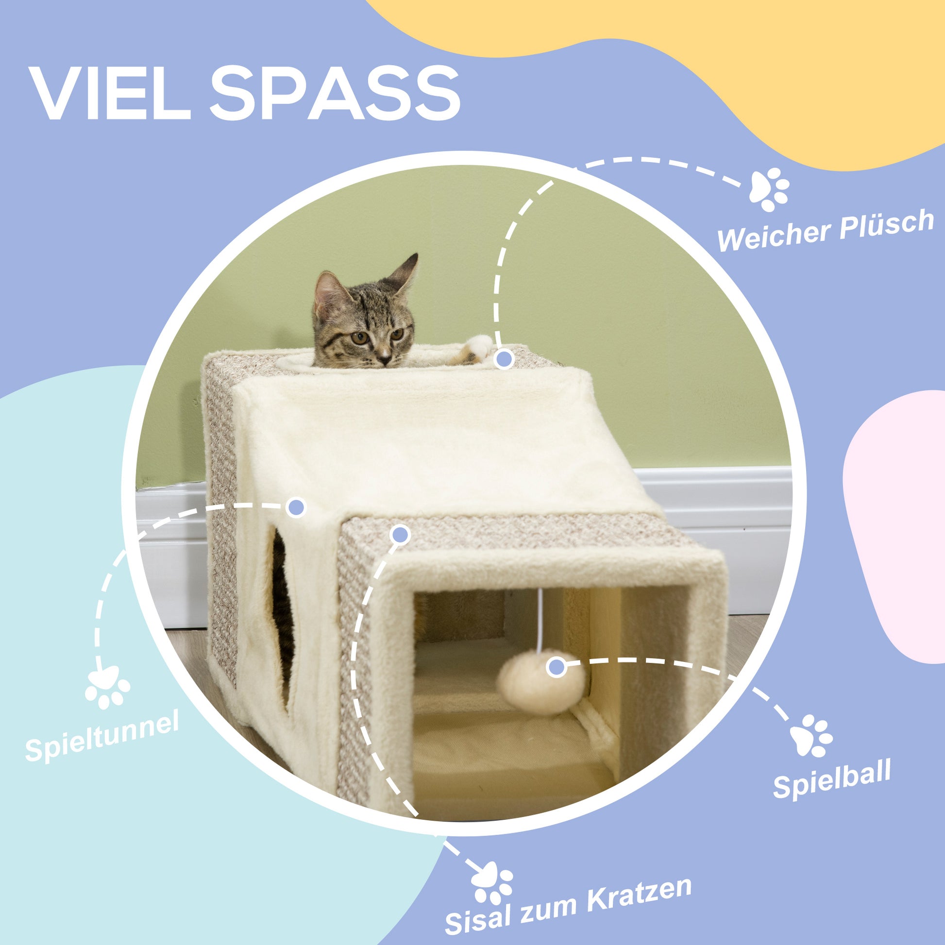 Cat Tunnel, Cat Toy with Play Ball, Cat Cave, Foldable Sisal Play Tunnel, Combined Design, Brown+Beige, 98 x 30 x 30 cm