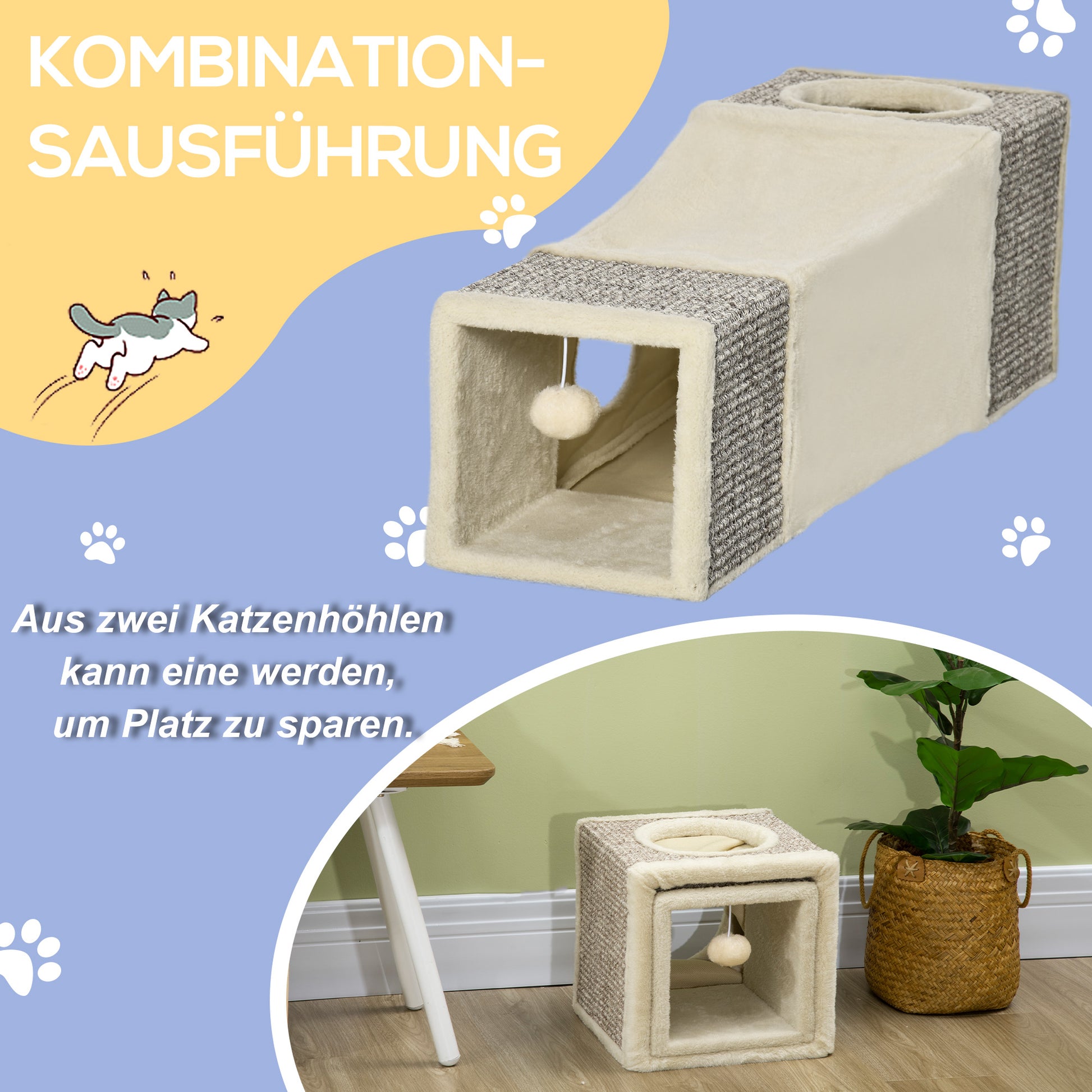 Cat Tunnel, Cat Toy with Play Ball, Cat Cave, Foldable Sisal Play Tunnel, Combined Design, Brown+Beige, 98 x 30 x 30 cm