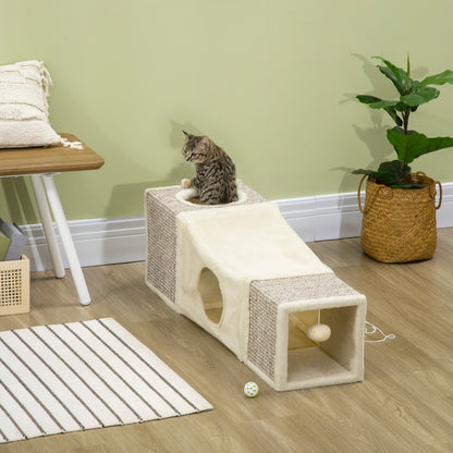 Cat Tunnel, Cat Toy with Play Ball, Cat Cave, Foldable Sisal Play Tunnel, Combined Design, Brown+Beige, 98 x 30 x 30 cm