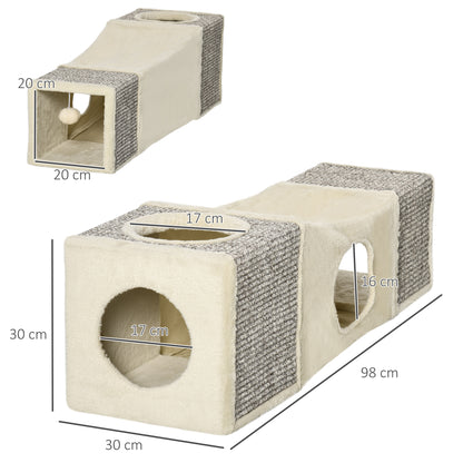 Cat Tunnel, Cat Toy with Play Ball, Cat Cave, Foldable Sisal Play Tunnel, Combined Design, Brown+Beige, 98 x 30 x 30 cm