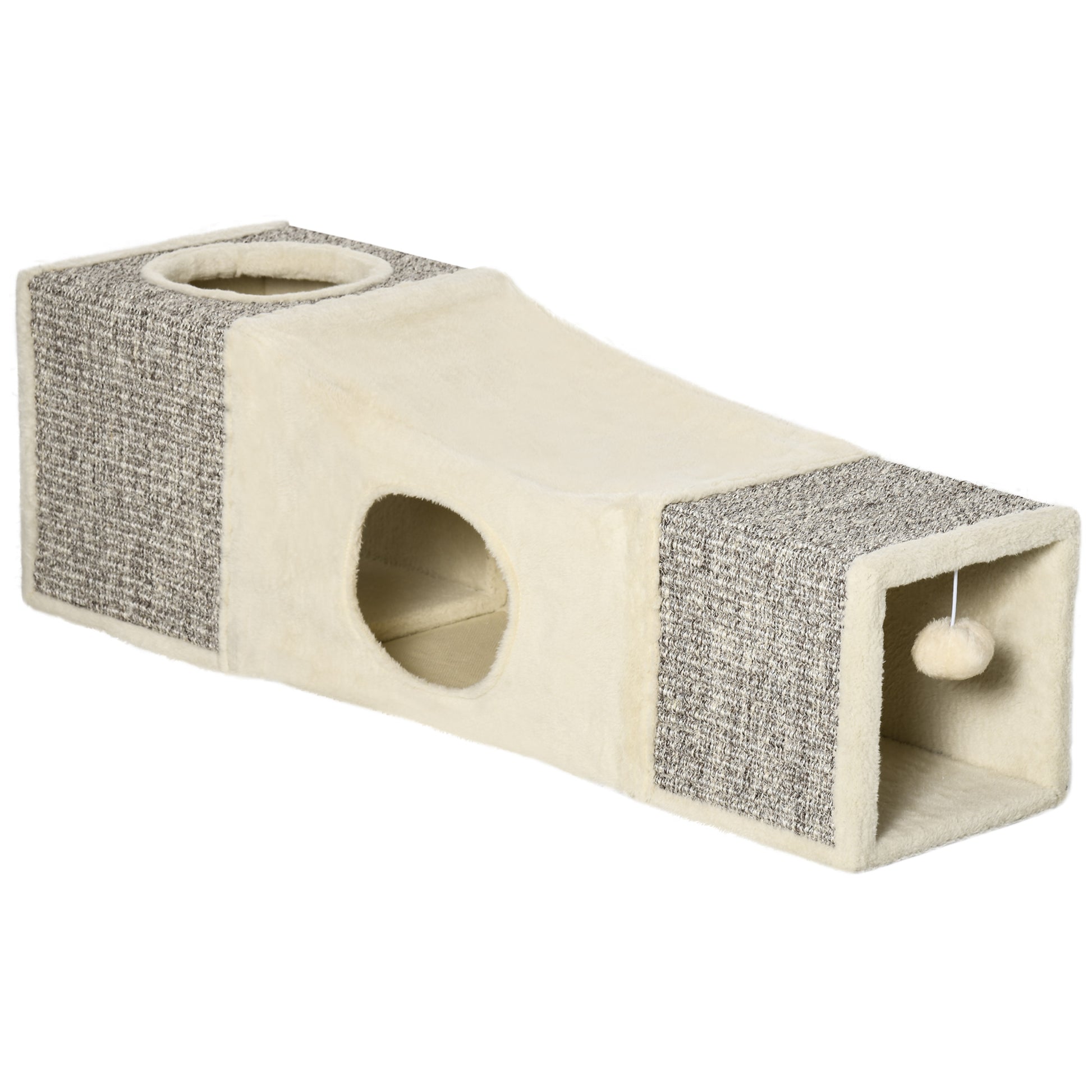Cat Tunnel, Cat Toy with Play Ball, Cat Cave, Foldable Sisal Play Tunnel, Combined Design, Brown+Beige, 98 x 30 x 30 cm