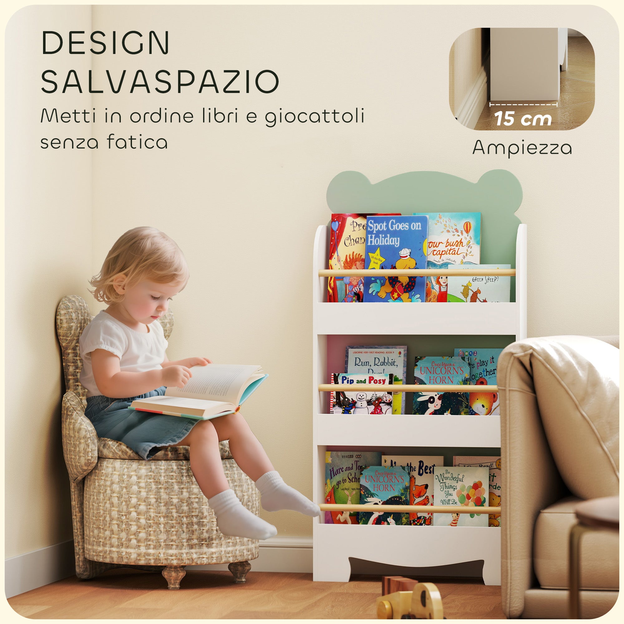 Children's Bookcase with 3 Shelves, Space-Saving Bear-Shaped Shelf with Front Barriers, for Kids' Room and Living Room, 55x15x110 cm, Green