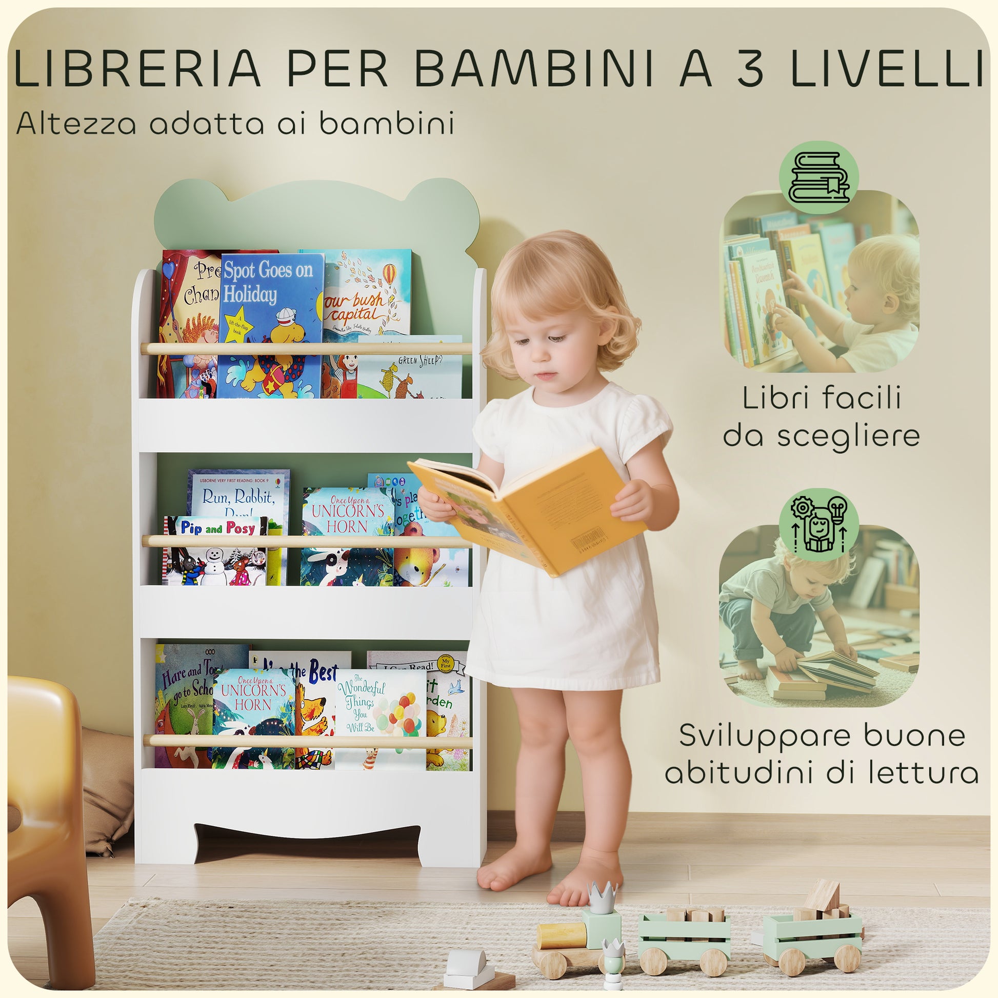 Children's Bookcase with 3 Shelves, Space-Saving Bear-Shaped Shelf with Front Barriers, for Kids' Room and Living Room, 55x15x110 cm, Green