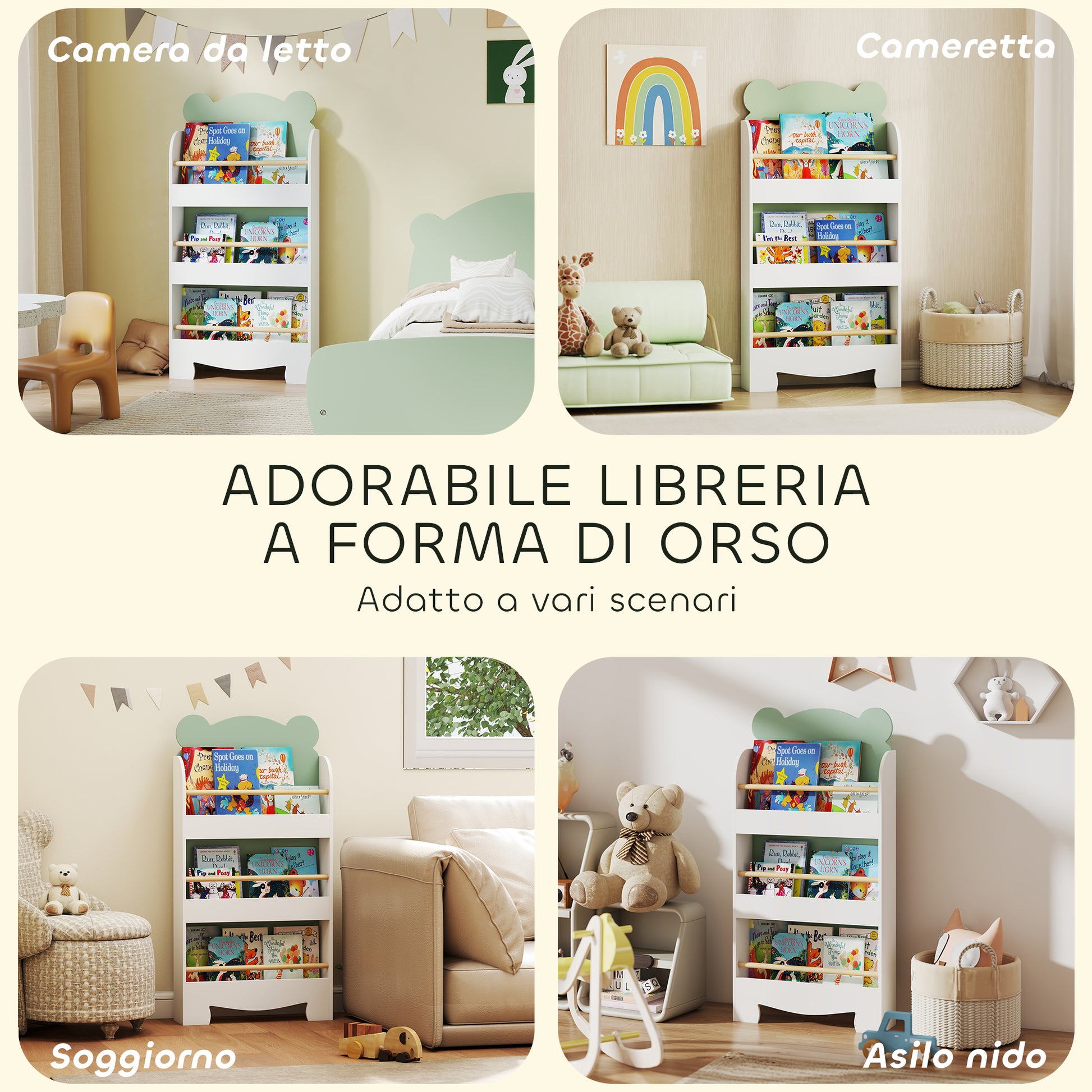 Children's Bookcase with 3 Shelves, Space-Saving Bear-Shaped Shelf with Front Barriers, for Kids' Room and Living Room, 55x15x110 cm, Green
