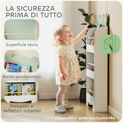 Children's Bookcase with 3 Shelves, Space-Saving Bear-Shaped Shelf with Front Barriers, for Kids' Room and Living Room, 55x15x110 cm, Green