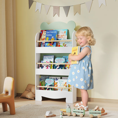 Children's Bookcase with 3 Shelves, Space-Saving Bear-Shaped Shelf with Front Barriers, for Kids' Room and Living Room, 55x15x110 cm, Green