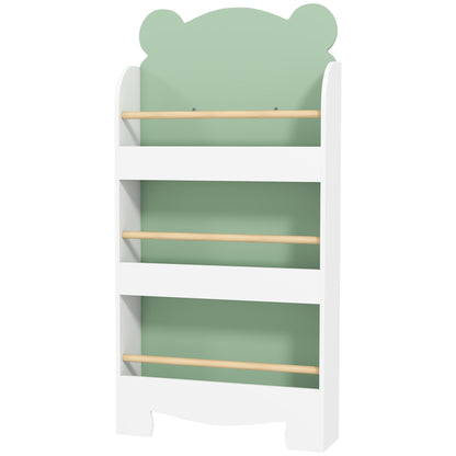 Children's Bookcase with 3 Shelves, Space-Saving Bear-Shaped Shelf with Front Barriers, for Kids' Room and Living Room, 55x15x110 cm, Green
