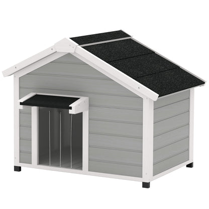 Solid Wood Outdoor Dog Kennel with Openable Asphalt Roof, Removable Floor, Raised Feet, Door Curtain, Light Grey