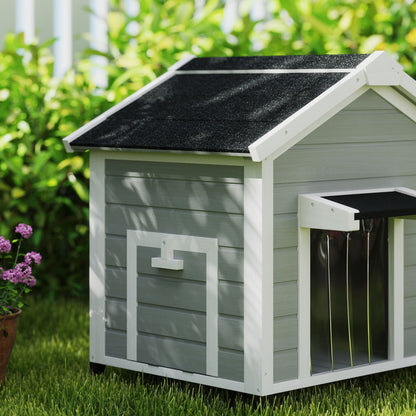 Solid Wood Outdoor Dog Kennel with Openable Asphalt Roof, Removable Floor, Raised Feet, Door Curtain, Light Grey