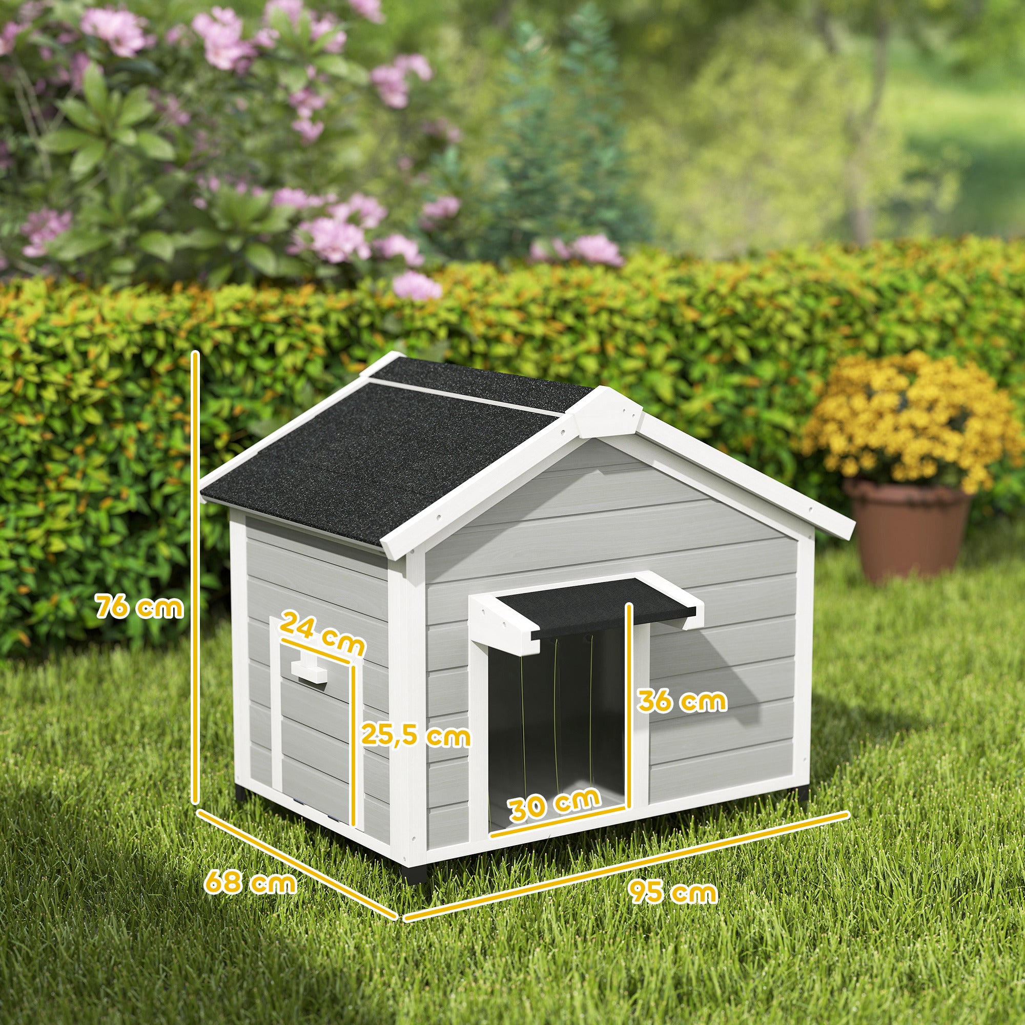Solid Wood Outdoor Dog Kennel with Openable Asphalt Roof, Removable Floor, Raised Feet, Door Curtain, Light Grey