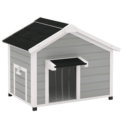Solid Wood Outdoor Dog Kennel with Openable Asphalt Roof, Removable Floor, Raised Feet, Door Curtain, Light Grey