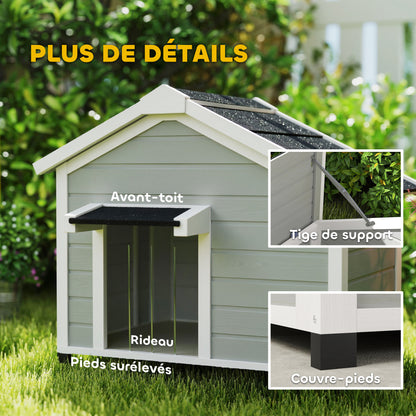 Solid Wood Outdoor Dog Kennel with Openable Asphalt Roof, Removable Floor, Raised Feet, Door Curtain, Light Grey
