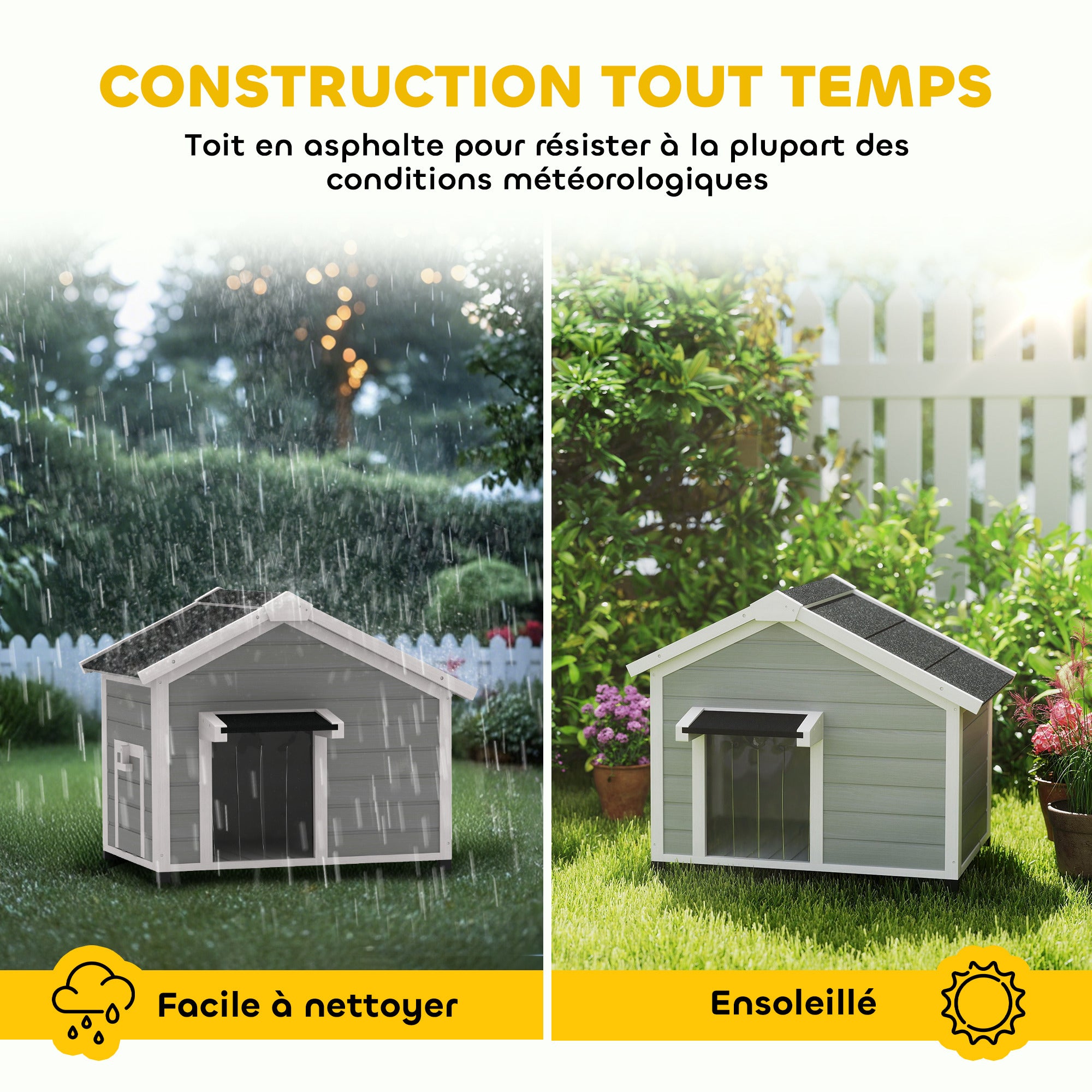 Solid Wood Outdoor Dog Kennel with Openable Asphalt Roof, Removable Floor, Raised Feet, Door Curtain, Light Grey