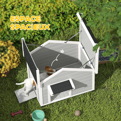 Solid Wood Outdoor Dog Kennel with Openable Asphalt Roof, Removable Floor, Raised Feet, Door Curtain, Light Grey