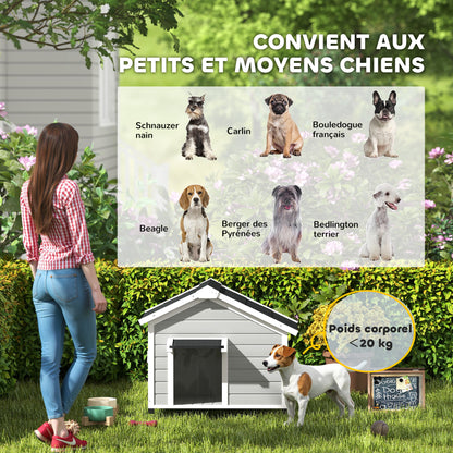 Solid Wood Outdoor Dog Kennel with Openable Asphalt Roof, Removable Floor, Raised Feet, Door Curtain, Light Grey
