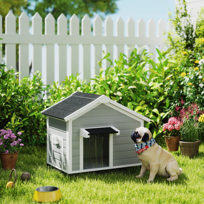 Solid Wood Outdoor Dog Kennel with Openable Asphalt Roof, Removable Floor, Raised Feet, Door Curtain, Light Grey