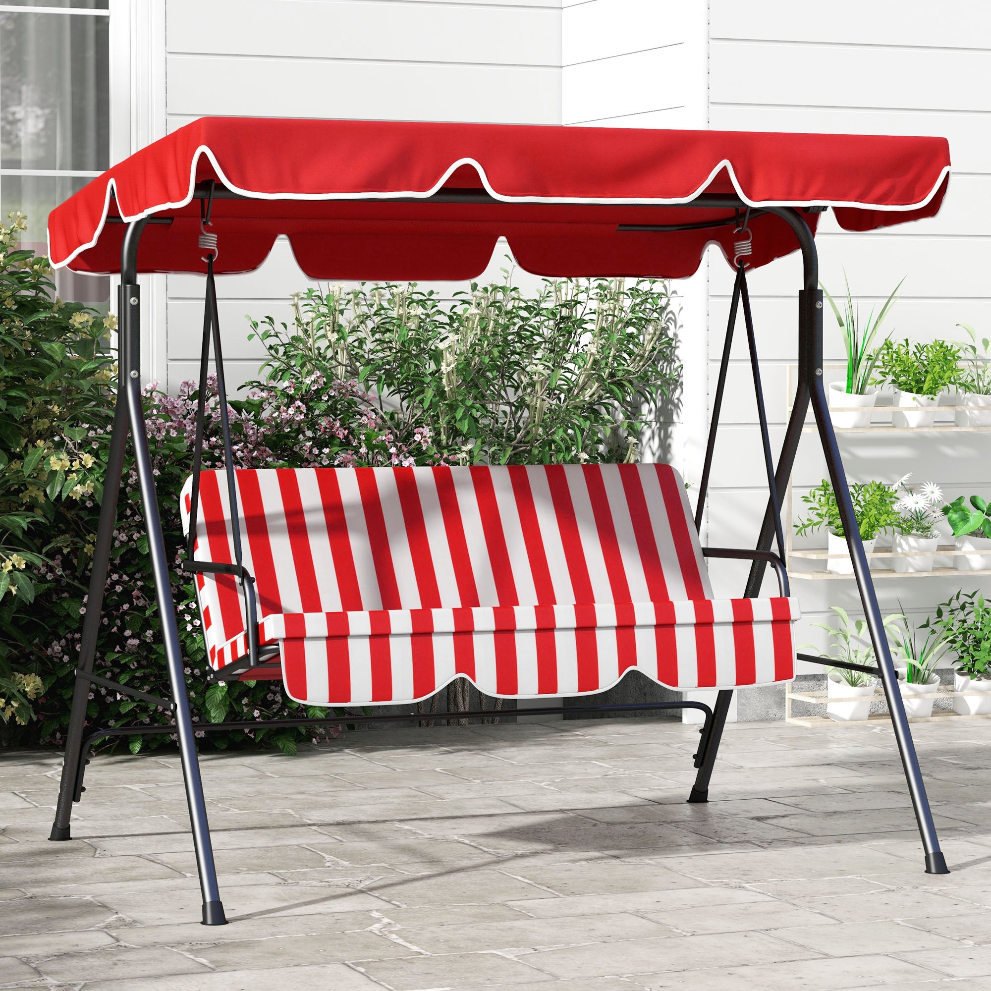 3-Seater Garden Swing with Adjustable Inclination Roof Cushions Seat and Backrest 1.72L x 1.1W x 1.53H m Black Steel Red Polyester