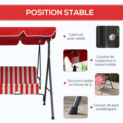 3-Seater Garden Swing with Adjustable Inclination Roof Cushions Seat and Backrest 1.72L x 1.1W x 1.53H m Black Steel Red Polyester